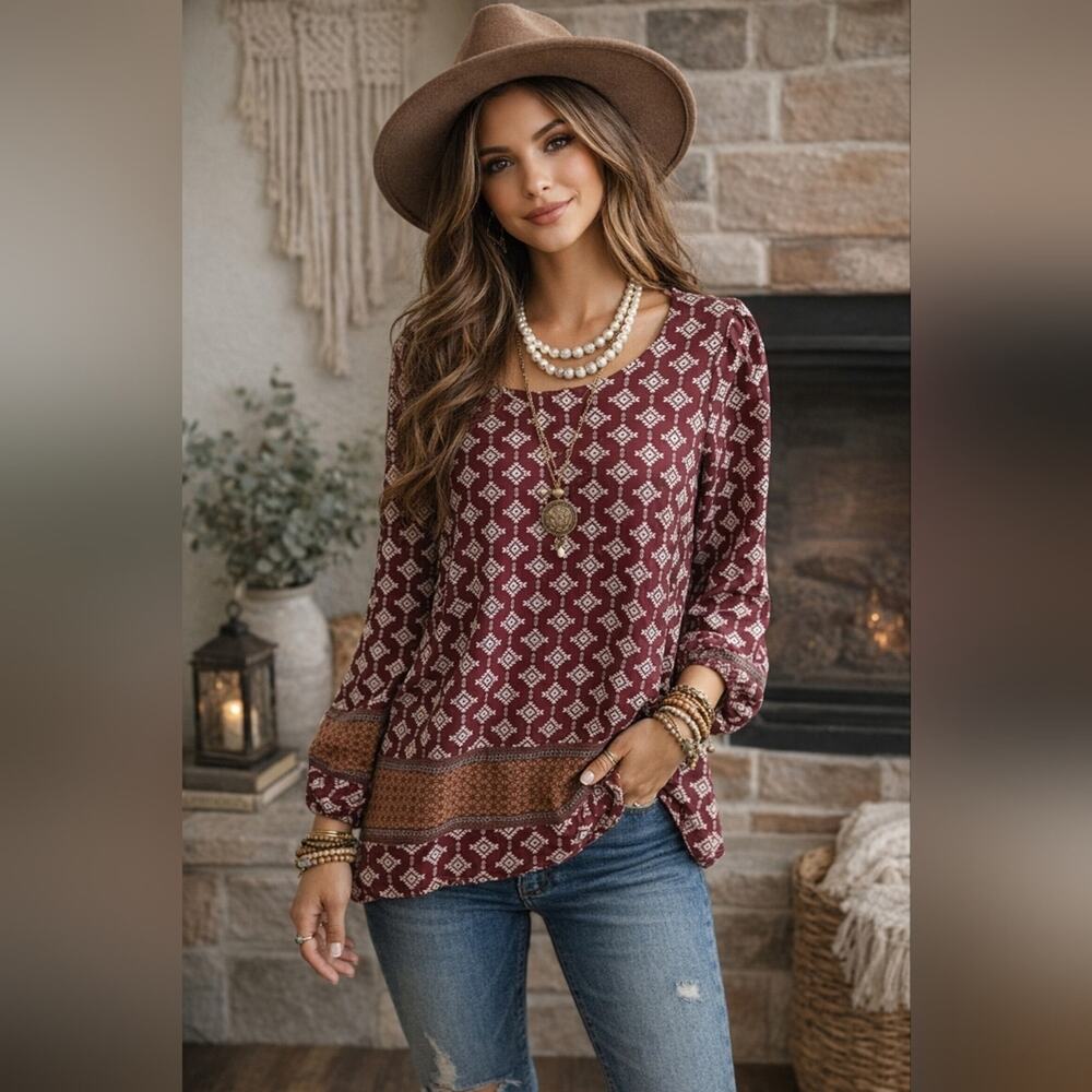 Altar'd State Aztec Print Lightweight Boho Peasant  Blouse Sz L(M) #715